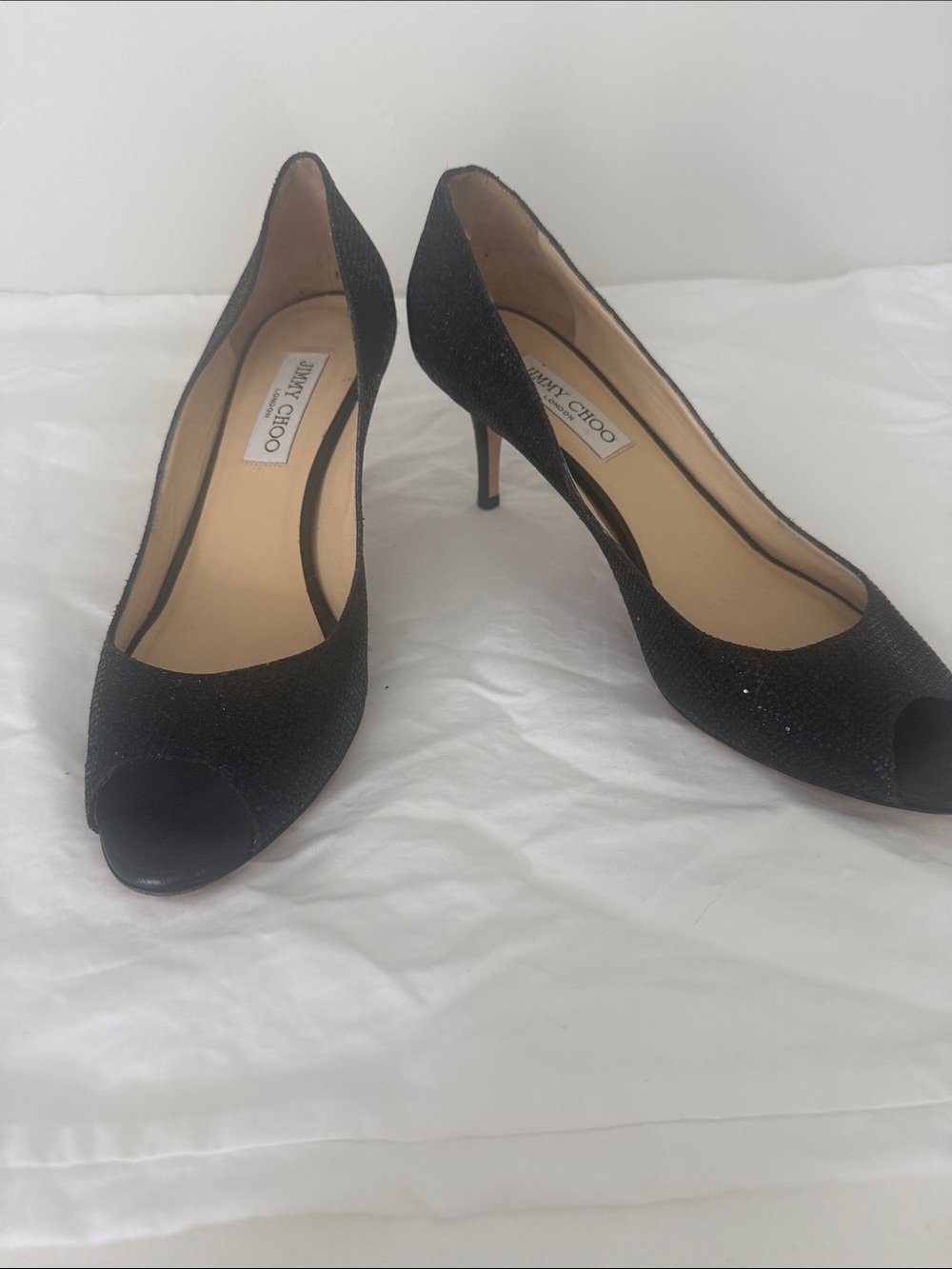 Jimmy Choo Black Glitter Peep-Toe Stiletto Pumps